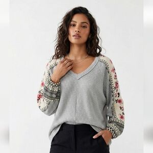 Alchemy Thread Gray Thermal Mixed Media Blouse Floral Boho XL